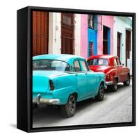 Cuba Fuerte Collection SQ - Two Classic American Cars - Turquoise & Red-Philippe Hugonnard-Framed Stretched Canvas