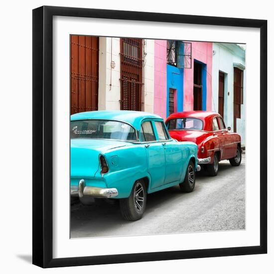 Cuba Fuerte Collection SQ - Two Classic American Cars - Turquoise & Red-Philippe Hugonnard-Framed Photographic Print