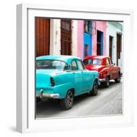 Cuba Fuerte Collection SQ - Two Classic American Cars - Turquoise & Red-Philippe Hugonnard-Framed Photographic Print