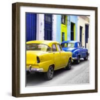 Cuba Fuerte Collection SQ - Two Classic American Cars - Yellow & Blue-Philippe Hugonnard-Framed Photographic Print