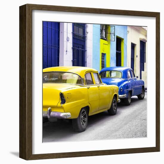 Cuba Fuerte Collection SQ - Two Classic American Cars - Yellow & Blue-Philippe Hugonnard-Framed Photographic Print