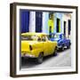 Cuba Fuerte Collection SQ - Two Classic American Cars - Yellow & Blue-Philippe Hugonnard-Framed Photographic Print