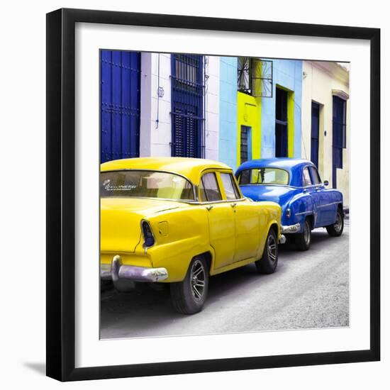 Cuba Fuerte Collection SQ - Two Classic American Cars - Yellow & Blue-Philippe Hugonnard-Framed Photographic Print