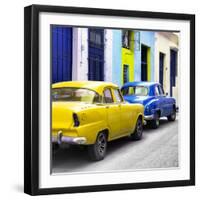 Cuba Fuerte Collection SQ - Two Classic American Cars - Yellow & Blue-Philippe Hugonnard-Framed Photographic Print