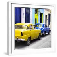 Cuba Fuerte Collection SQ - Two Classic American Cars - Yellow & Blue-Philippe Hugonnard-Framed Photographic Print