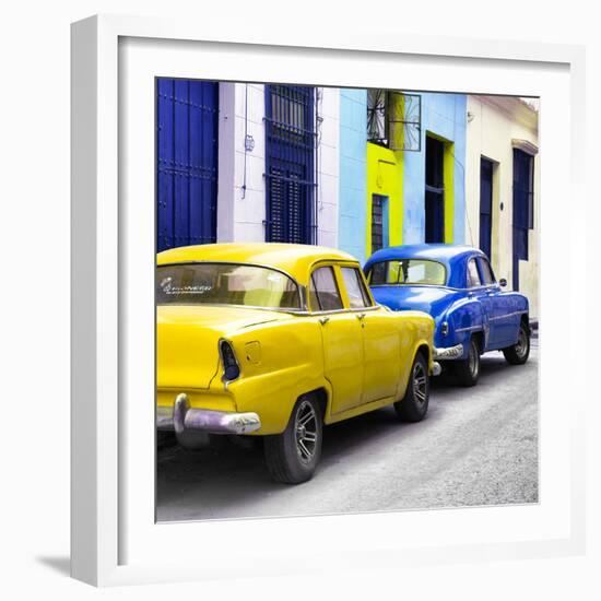 Cuba Fuerte Collection SQ - Two Classic American Cars - Yellow & Blue-Philippe Hugonnard-Framed Photographic Print