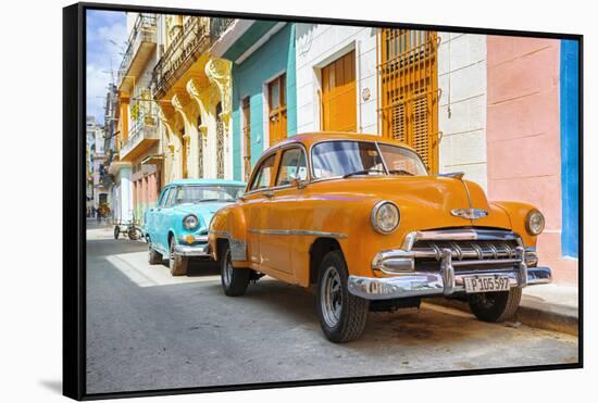 Cuba Fuerte Collection - Two Chevrolet Cars Orange and Turquoise-Philippe Hugonnard-Framed Stretched Canvas