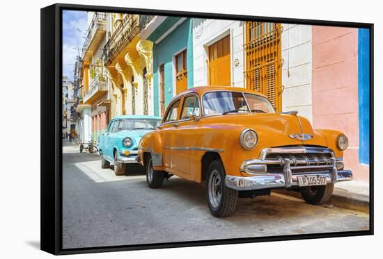 Cuba Fuerte Collection - Two Chevrolet Cars Orange and Turquoise-Philippe Hugonnard-Framed Stretched Canvas