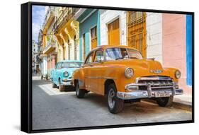 Cuba Fuerte Collection - Two Chevrolet Cars Orange and Turquoise-Philippe Hugonnard-Framed Stretched Canvas