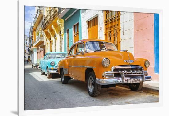 Cuba Fuerte Collection - Two Chevrolet Cars Orange and Turquoise-Philippe Hugonnard-Framed Photographic Print