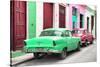 Cuba Fuerte Collection - Two Classic American Cars - Green & Rasberry-Philippe Hugonnard-Stretched Canvas