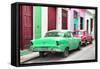 Cuba Fuerte Collection - Two Classic American Cars - Green & Rasberry-Philippe Hugonnard-Framed Stretched Canvas