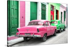 Cuba Fuerte Collection - Two Classic American Cars - Pink & Green-Philippe Hugonnard-Stretched Canvas