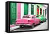 Cuba Fuerte Collection - Two Classic American Cars - Pink & Green-Philippe Hugonnard-Framed Stretched Canvas