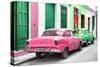 Cuba Fuerte Collection - Two Classic American Cars - Pink & Green-Philippe Hugonnard-Stretched Canvas