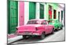 Cuba Fuerte Collection - Two Classic American Cars - Pink & Green-Philippe Hugonnard-Mounted Photographic Print