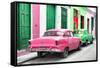 Cuba Fuerte Collection - Two Classic American Cars - Pink & Green-Philippe Hugonnard-Framed Stretched Canvas