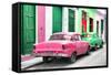 Cuba Fuerte Collection - Two Classic American Cars - Pink & Green-Philippe Hugonnard-Framed Stretched Canvas