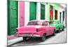 Cuba Fuerte Collection - Two Classic American Cars - Pink & Green-Philippe Hugonnard-Mounted Photographic Print