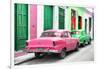 Cuba Fuerte Collection - Two Classic American Cars - Pink & Green-Philippe Hugonnard-Framed Photographic Print