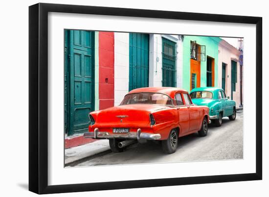 Cuba Fuerte Collection - Two Classic American Cars - Red & Turquoise-Philippe Hugonnard-Framed Photographic Print