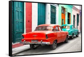 Cuba Fuerte Collection - Two Classic American Cars - Red & Turquoise-Philippe Hugonnard-Framed Stretched Canvas