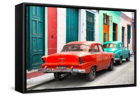 Cuba Fuerte Collection - Two Classic American Cars - Red & Turquoise-Philippe Hugonnard-Framed Stretched Canvas