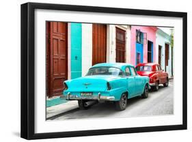 Cuba Fuerte Collection - Two Classic American Cars - Turquoise & Red-Philippe Hugonnard-Framed Premium Photographic Print