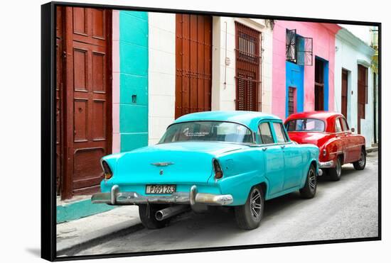 Cuba Fuerte Collection - Two Classic American Cars - Turquoise & Red-Philippe Hugonnard-Framed Stretched Canvas
