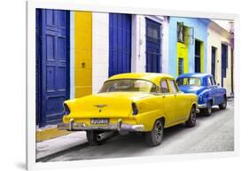 Cuba Fuerte Collection - Two Classic American Cars - Yellow & Blue-Philippe Hugonnard-Framed Photographic Print