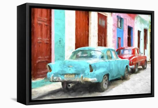 Cuba Painting - Blue and Red-Philippe Hugonnard-Framed Stretched Canvas
