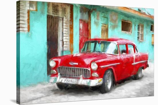 Cuba Painting - Cuban Red Car-Philippe Hugonnard-Stretched Canvas
