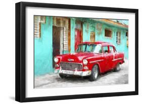 Cuba Painting - Cuban Red Car-Philippe Hugonnard-Framed Art Print