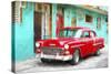 Cuba Painting - Cuban Red Car-Philippe Hugonnard-Stretched Canvas