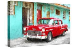 Cuba Painting - Cuban Red Car-Philippe Hugonnard-Stretched Canvas