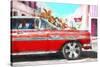 Cuba Painting - Red Cadillac-Philippe Hugonnard-Stretched Canvas