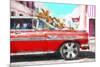 Cuba Painting - Red Cadillac-Philippe Hugonnard-Mounted Art Print