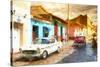 Cuba Painting - Sunset Street-Philippe Hugonnard-Stretched Canvas