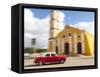 Cuba, Remedios, classic red car in front of Cathedral.-Merrill Images-Framed Stretched Canvas