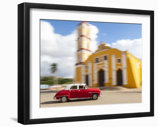 Cuba, Remedios, classic red car in front of Cathedral.-Merrill Images-Framed Photographic Print