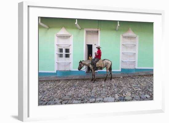 Cuba, Trinidad, Milkman on Horseback Delivers Bottles of Milk to House-Jane Sweeney-Framed Photographic Print