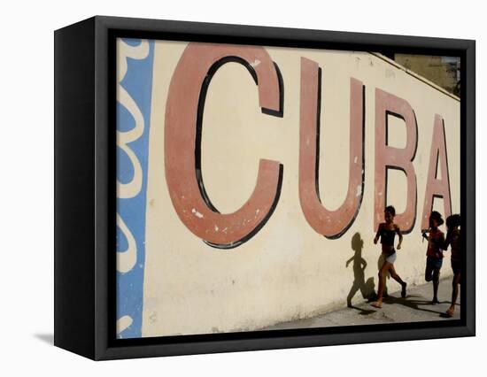 Cuban Girls Run in a Street in Havana, Cuba, Thursday, August 10, 2006-Javier Galeano-Framed Stretched Canvas