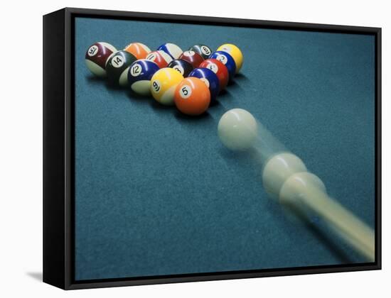 Cue Ball Rolling Towards Racked Billiard Balls-null-Framed Stretched Canvas