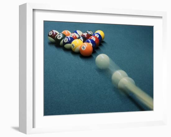 Cue Ball Rolling Towards Racked Billiard Balls-null-Framed Premium Photographic Print