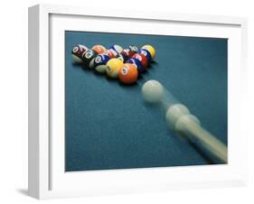 Cue Ball Rolling Towards Racked Billiard Balls-null-Framed Premium Photographic Print