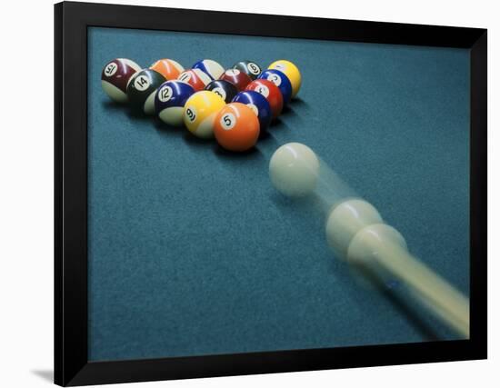 Cue Ball Rolling Towards Racked Billiard Balls-null-Framed Photographic Print
