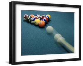 Cue Ball Rolling Towards Racked Billiard Balls-null-Framed Photographic Print