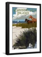 Cumberland Island, Georgia - Horses and Dunes with Boats-Lantern Press-Framed Art Print