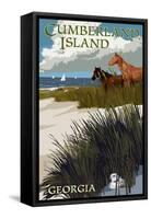 Cumberland Island, Georgia - Horses and Dunes with Boats-Lantern Press-Framed Stretched Canvas