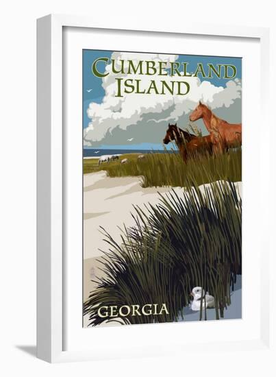 Cumberland Island, Georgia - Horses and Dunes-Lantern Press-Framed Art Print